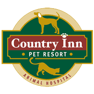 Country Inn Pet Resort and Animal Hospital logo. Logo is green gold and burgundy with a gold dog at the top and a gold cat at the bottom